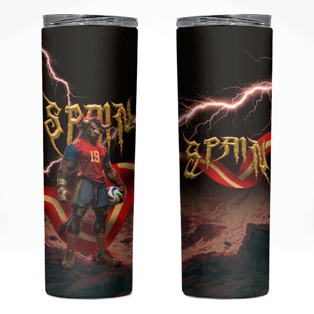 Spain Football Skinny Tumbler Spanish Pride Bull Mascot Gothic Metal Lightning Storm