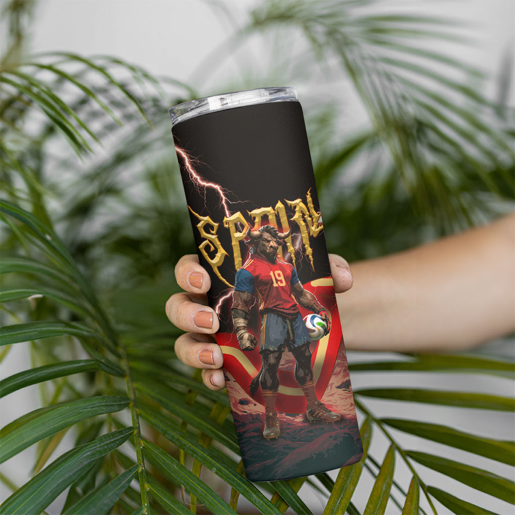 Spain Football Skinny Tumbler Spanish Pride Bull Mascot Gothic Metal Lightning Storm