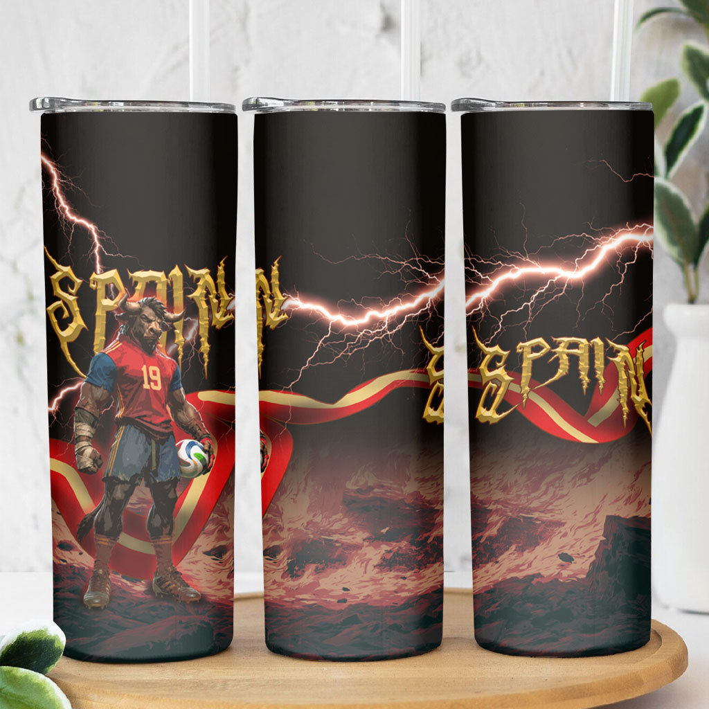 Spain Football Skinny Tumbler Spanish Pride Bull Mascot Gothic Metal Lightning Storm