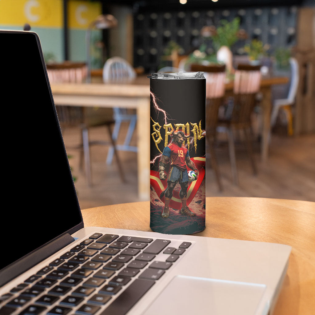 Spain Football Skinny Tumbler Spanish Pride Bull Mascot Gothic Metal Lightning Storm