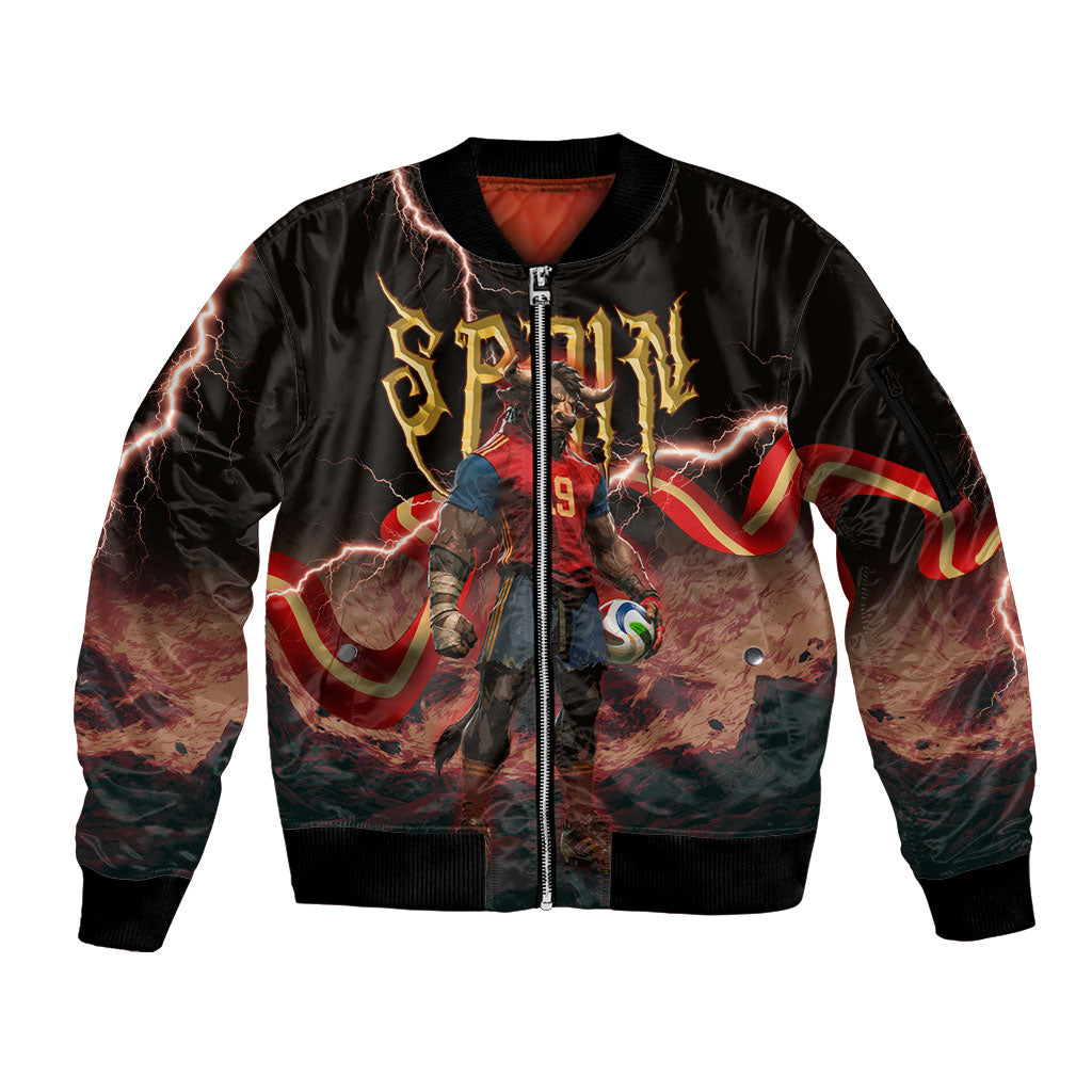 Spain Football Sleeve Zip Bomber Jacket Spanish Pride Bull Mascot Gothic Metal Lightning Storm