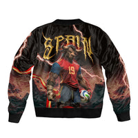 Spain Football Sleeve Zip Bomber Jacket Spanish Pride Bull Mascot Gothic Metal Lightning Storm