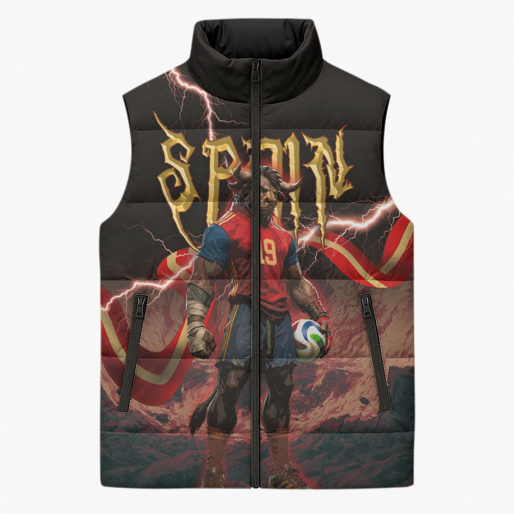 Spain Football Sleeveless Puffer Jacket Spanish Pride Bull Mascot Gothic Metal Lightning Storm