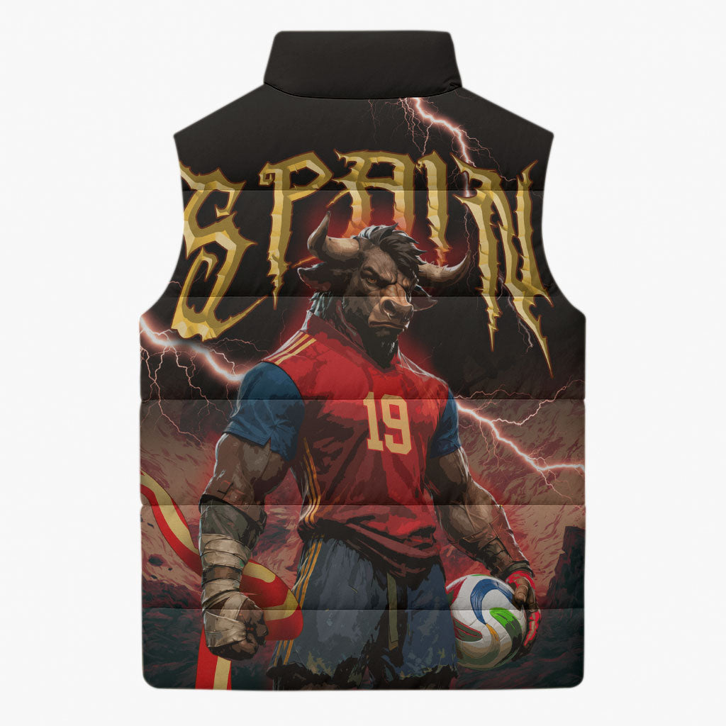 Spain Football Sleeveless Puffer Jacket Spanish Pride Bull Mascot Gothic Metal Lightning Storm