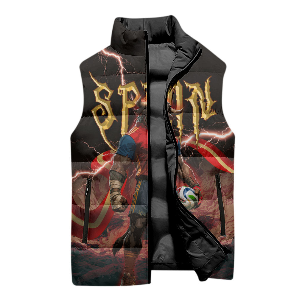 Spain Football Sleeveless Puffer Jacket Spanish Pride Bull Mascot Gothic Metal Lightning Storm