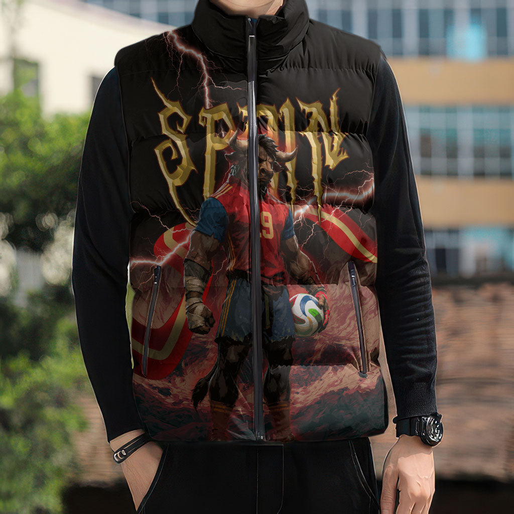 Spain Football Sleeveless Puffer Jacket Spanish Pride Bull Mascot Gothic Metal Lightning Storm
