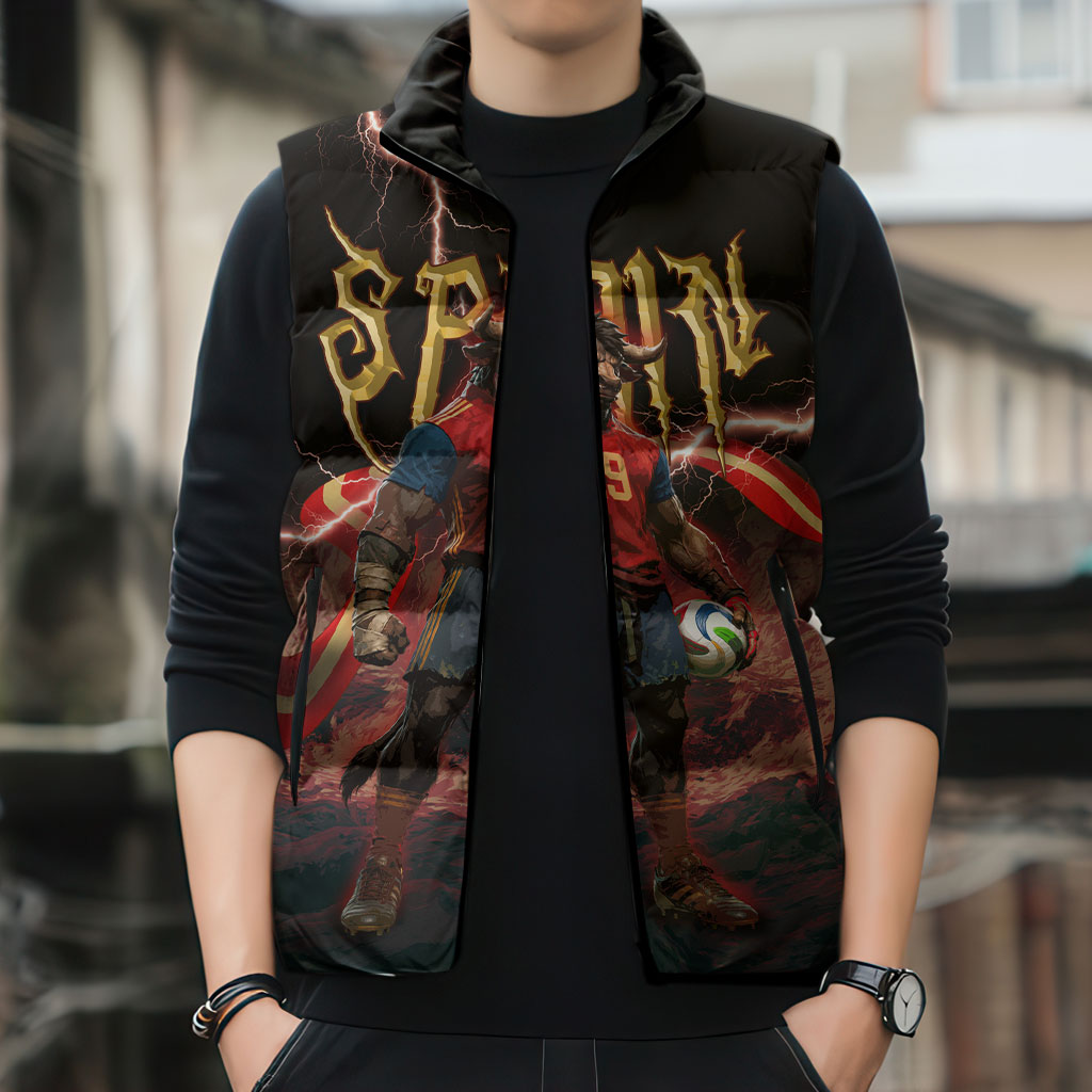 Spain Football Sleeveless Puffer Jacket Spanish Pride Bull Mascot Gothic Metal Lightning Storm