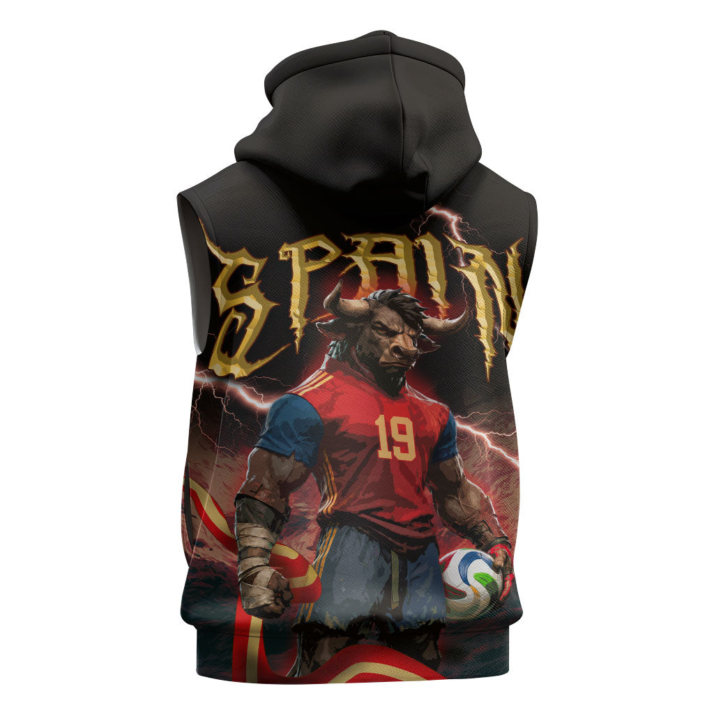 Spain Football Sleeveless Zip Hoodie Spanish Pride Bull Mascot Gothic Metal Lightning Storm