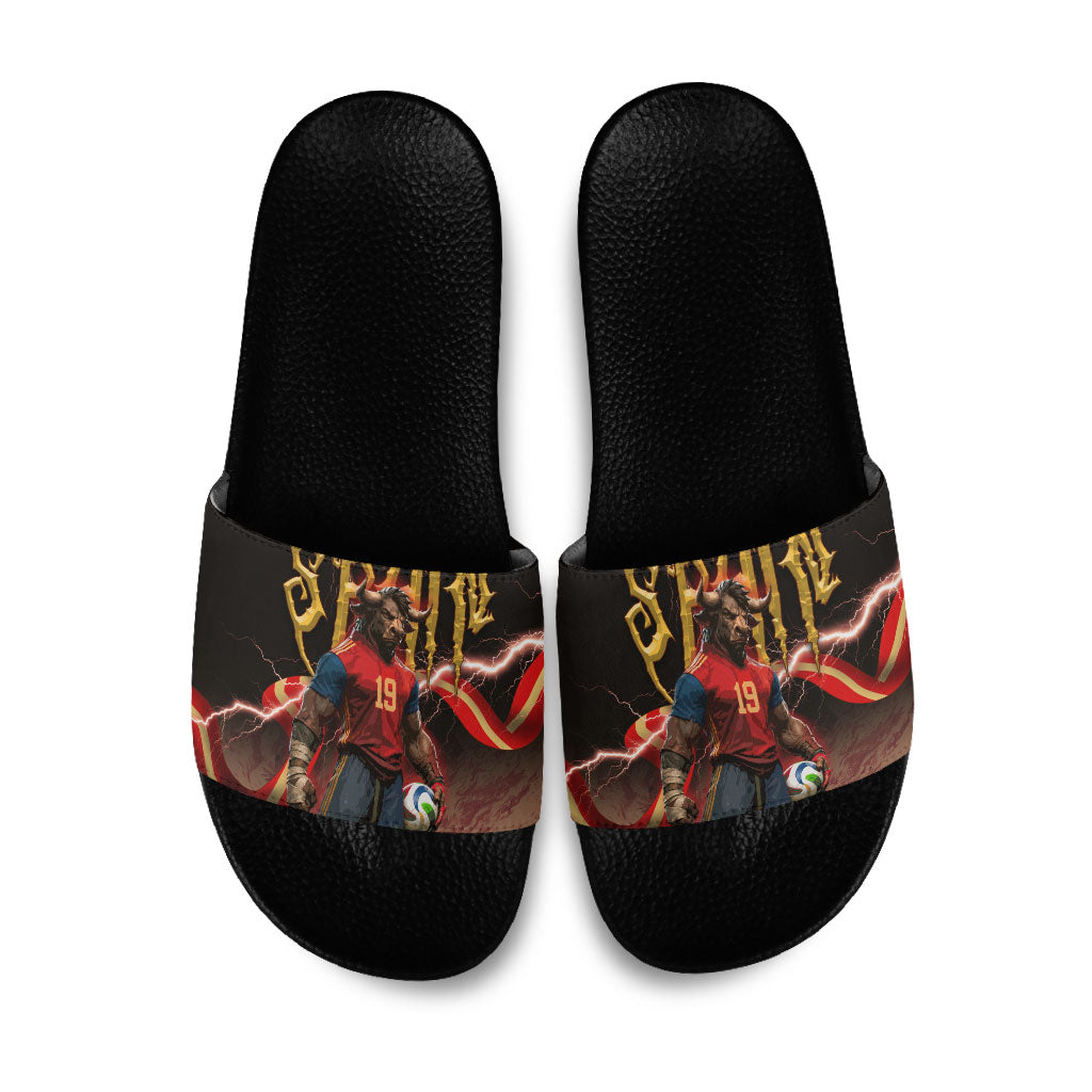 Spain Football Slide Sandals Spanish Pride Bull Mascot Gothic Metal Lightning Storm