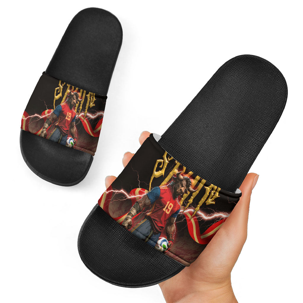 Spain Football Slide Sandals Spanish Pride Bull Mascot Gothic Metal Lightning Storm