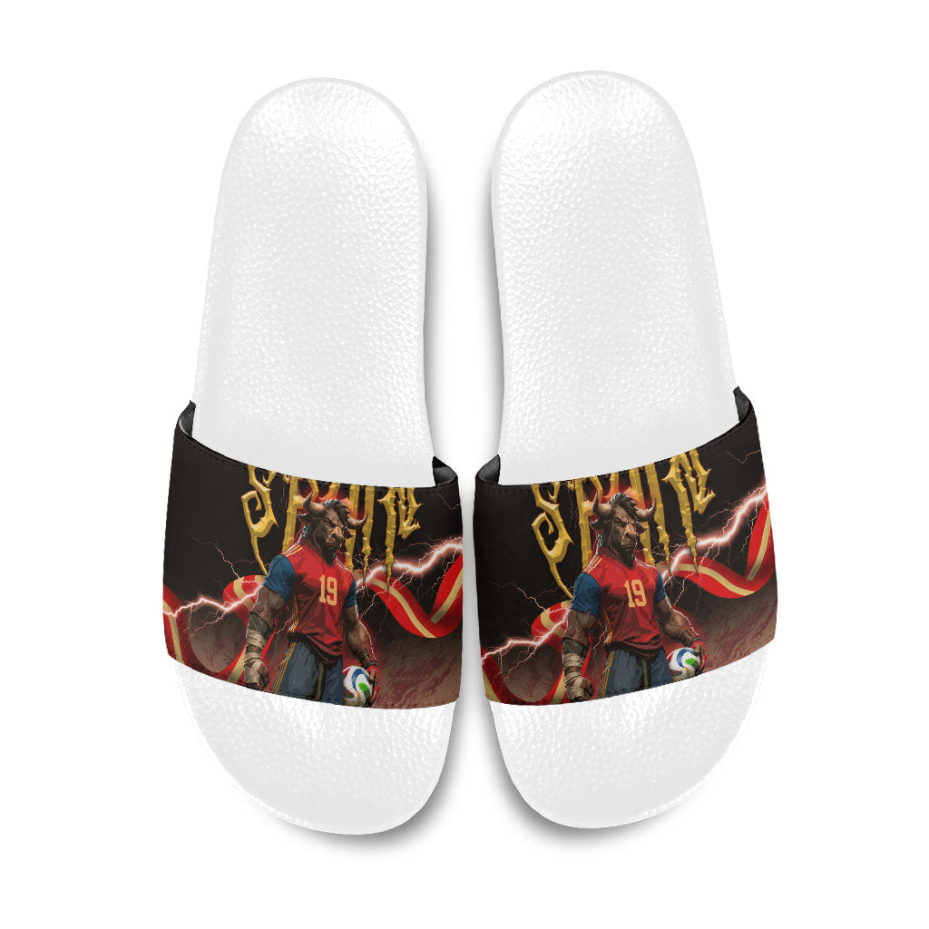 Spain Football Slide Sandals Spanish Pride Bull Mascot Gothic Metal Lightning Storm