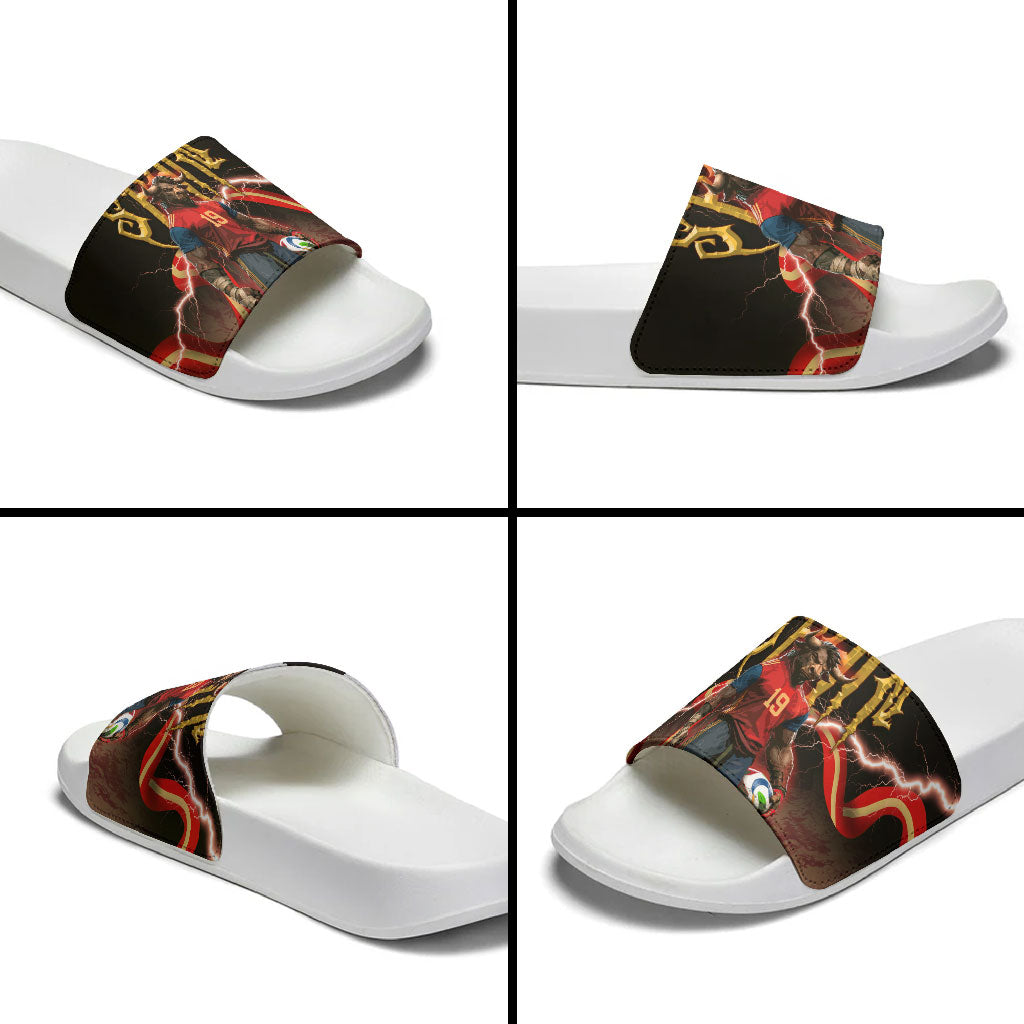Spain Football Slide Sandals Spanish Pride Bull Mascot Gothic Metal Lightning Storm
