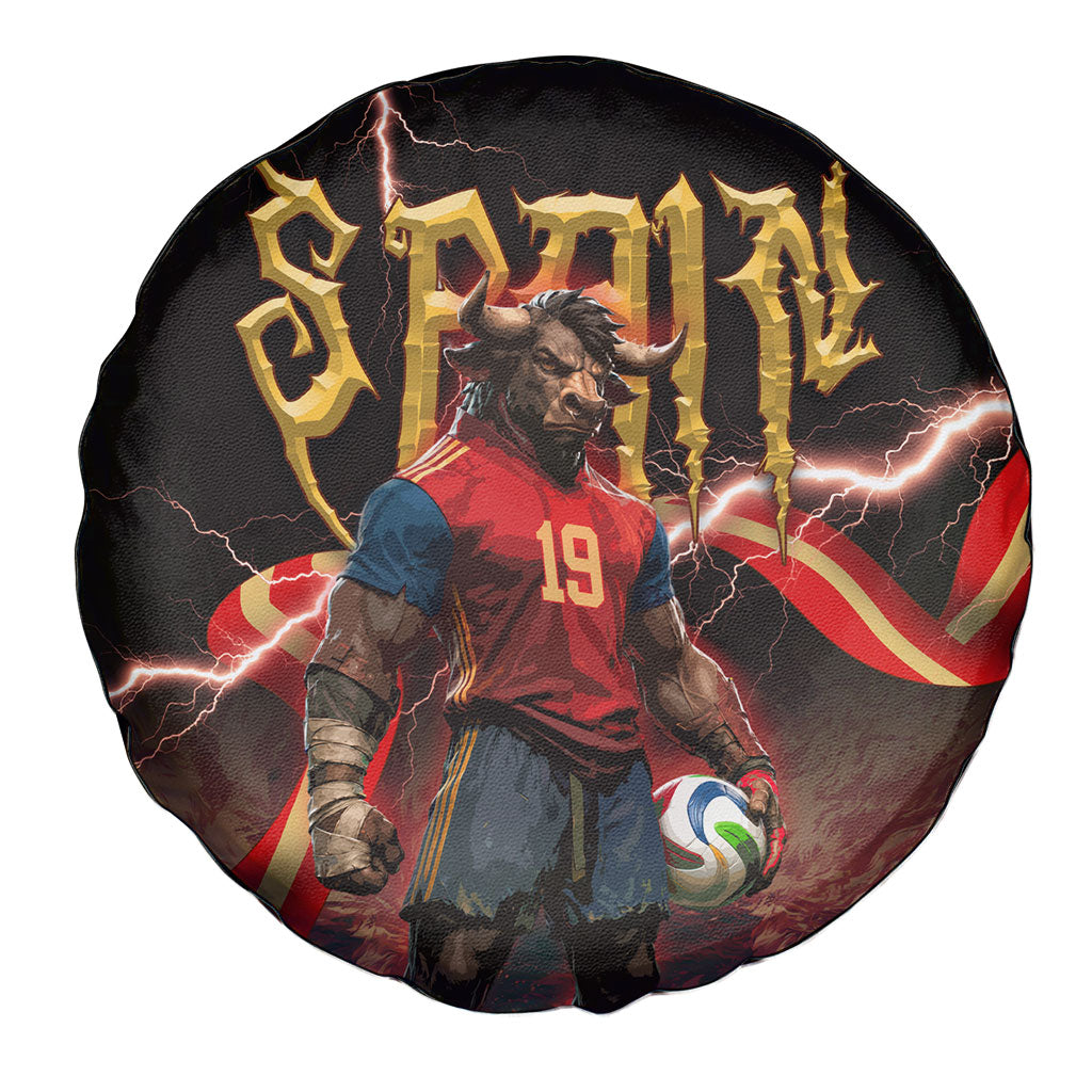 Spain Football Spare Tire Cover Spanish Pride Bull Mascot Gothic Metal Lightning Storm