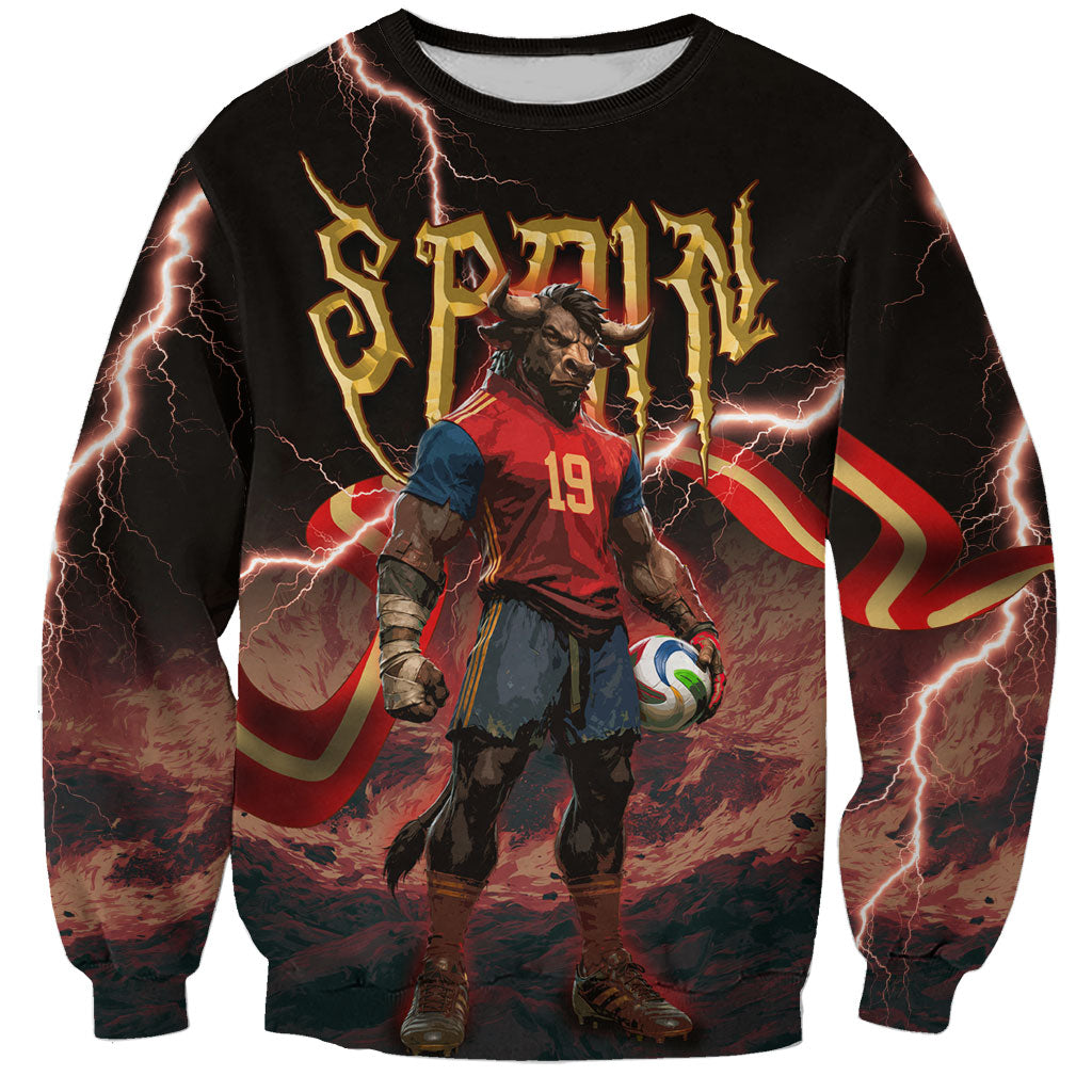 Spain Football Sweatshirt Spanish Pride Bull Mascot Gothic Metal Lightning Storm