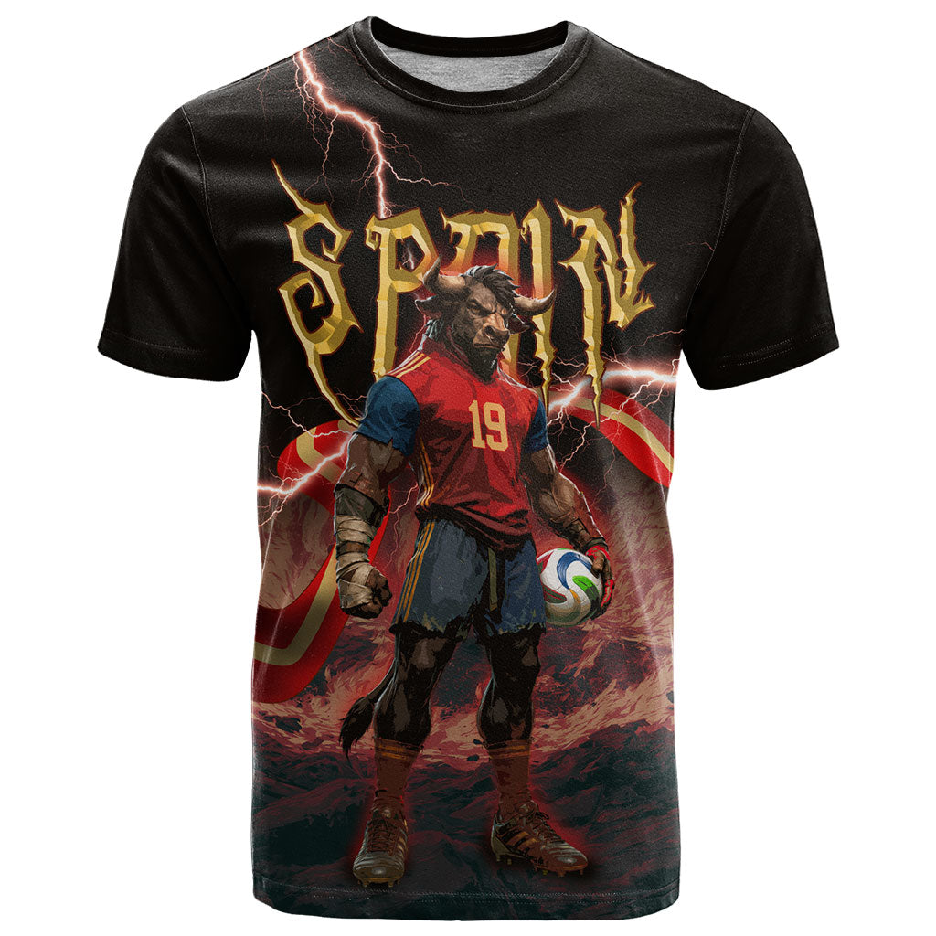 Spain Football T Shirt Spanish Pride Bull Mascot Gothic Metal Lightning Storm