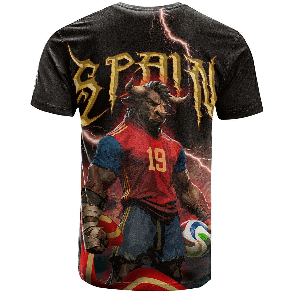 Spain Football T Shirt Spanish Pride Bull Mascot Gothic Metal Lightning Storm