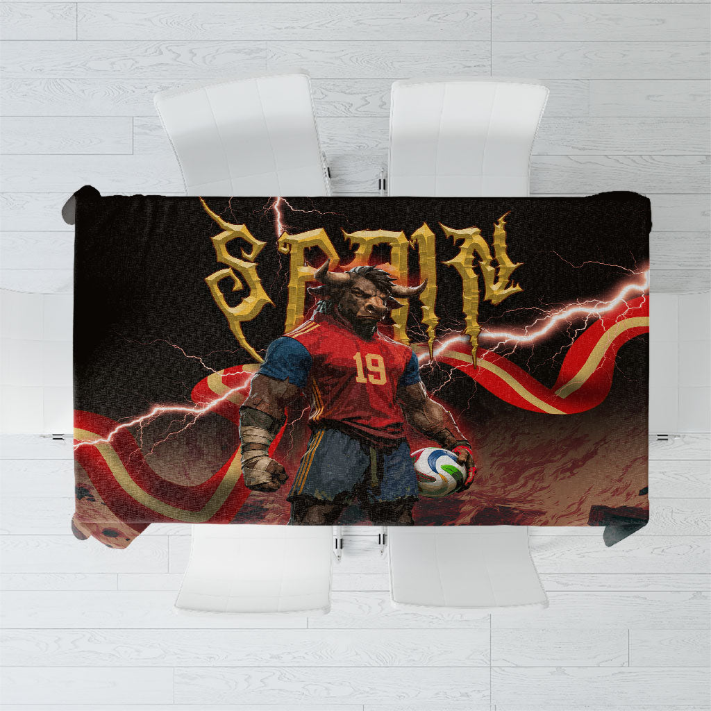 Spain Football Tablecloth Spanish Pride Bull Mascot Gothic Metal Lightning Storm