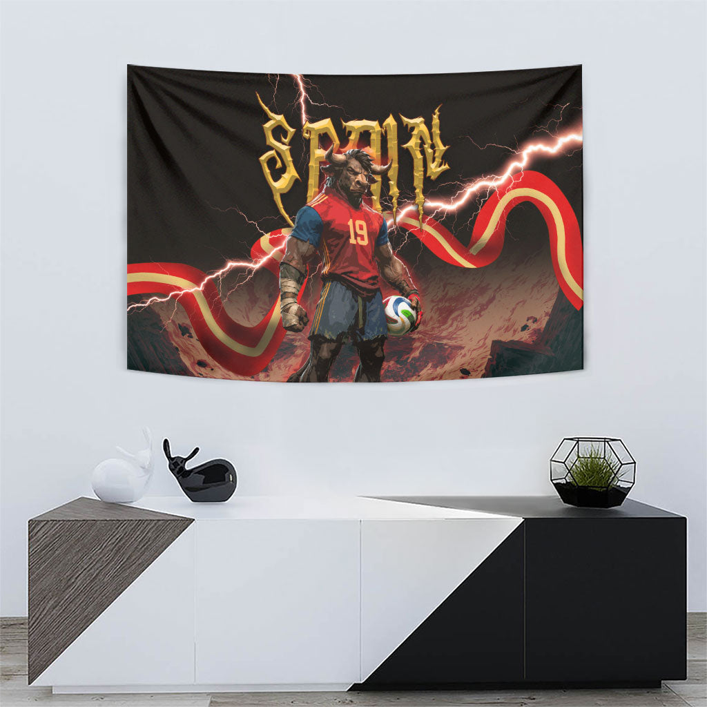 Spain Football Tapestry Spanish Pride Bull Mascot Gothic Metal Lightning Storm