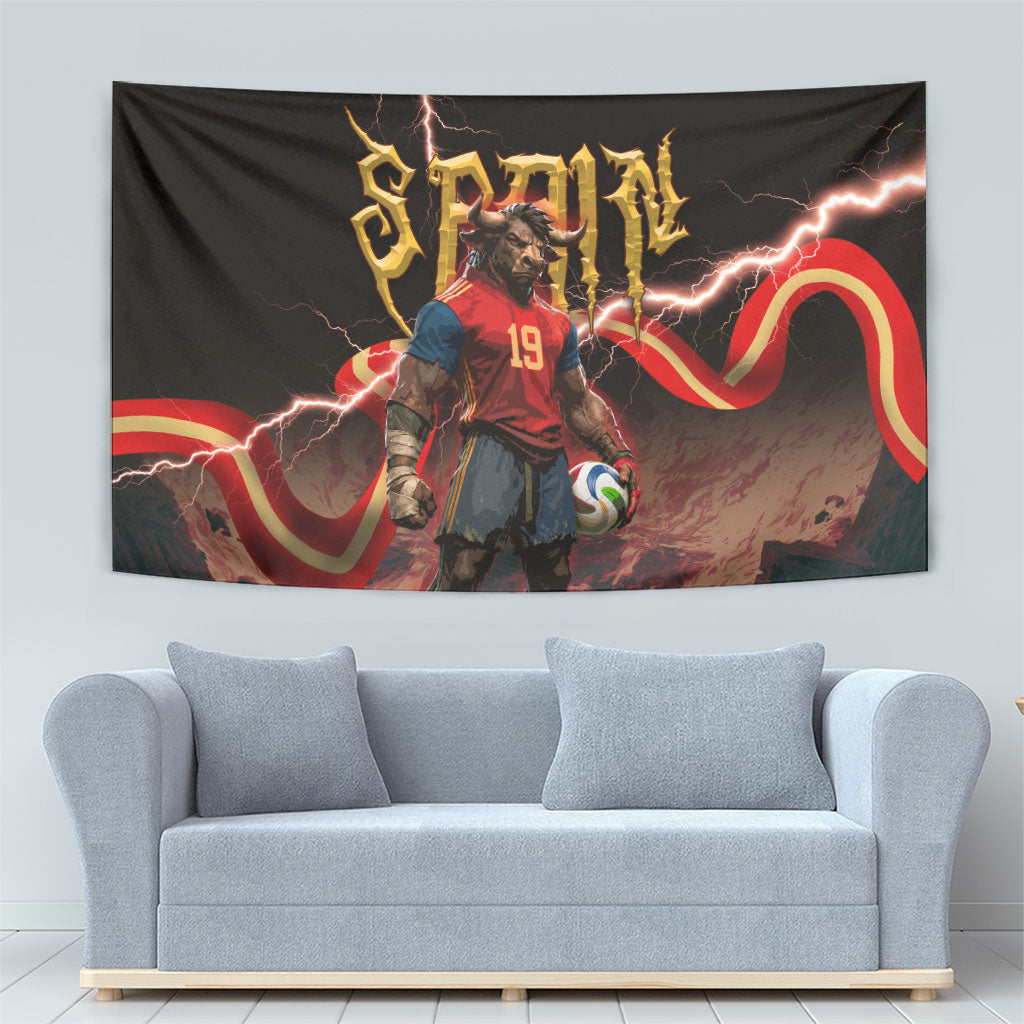Spain Football Tapestry Spanish Pride Bull Mascot Gothic Metal Lightning Storm