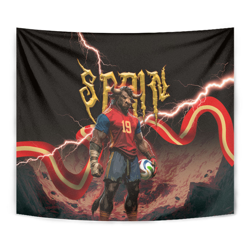Spain Football Tapestry Spanish Pride Bull Mascot Gothic Metal Lightning Storm