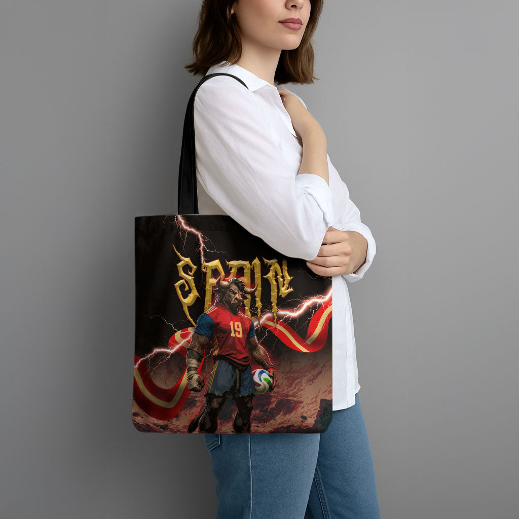 Spain Football Tote Bag Spanish Pride Bull Mascot Gothic Metal Lightning Storm