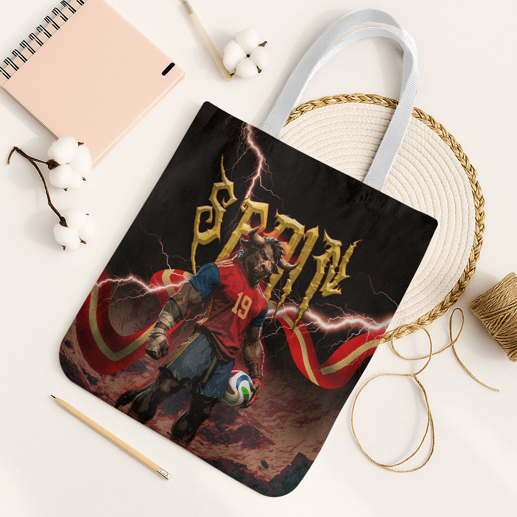 Spain Football Tote Bag Spanish Pride Bull Mascot Gothic Metal Lightning Storm