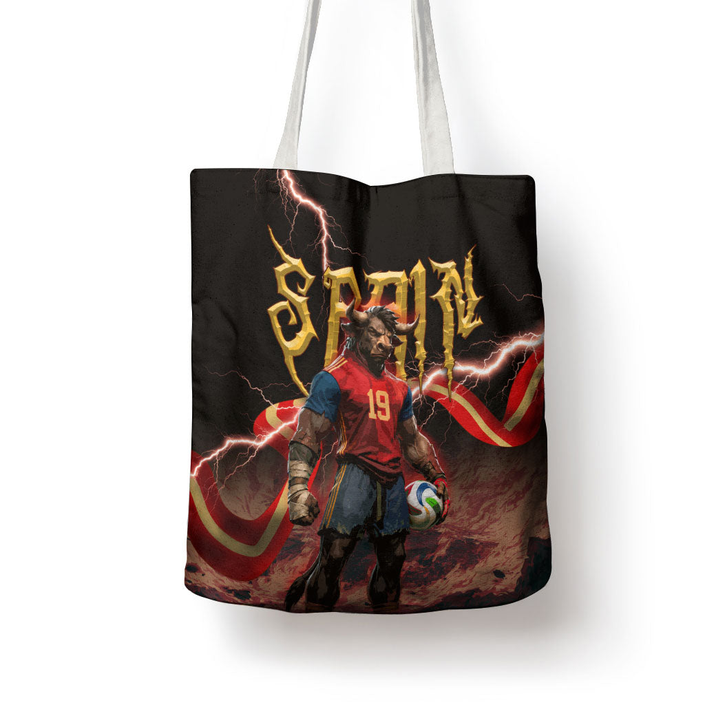 Spain Football Tote Bag Spanish Pride Bull Mascot Gothic Metal Lightning Storm