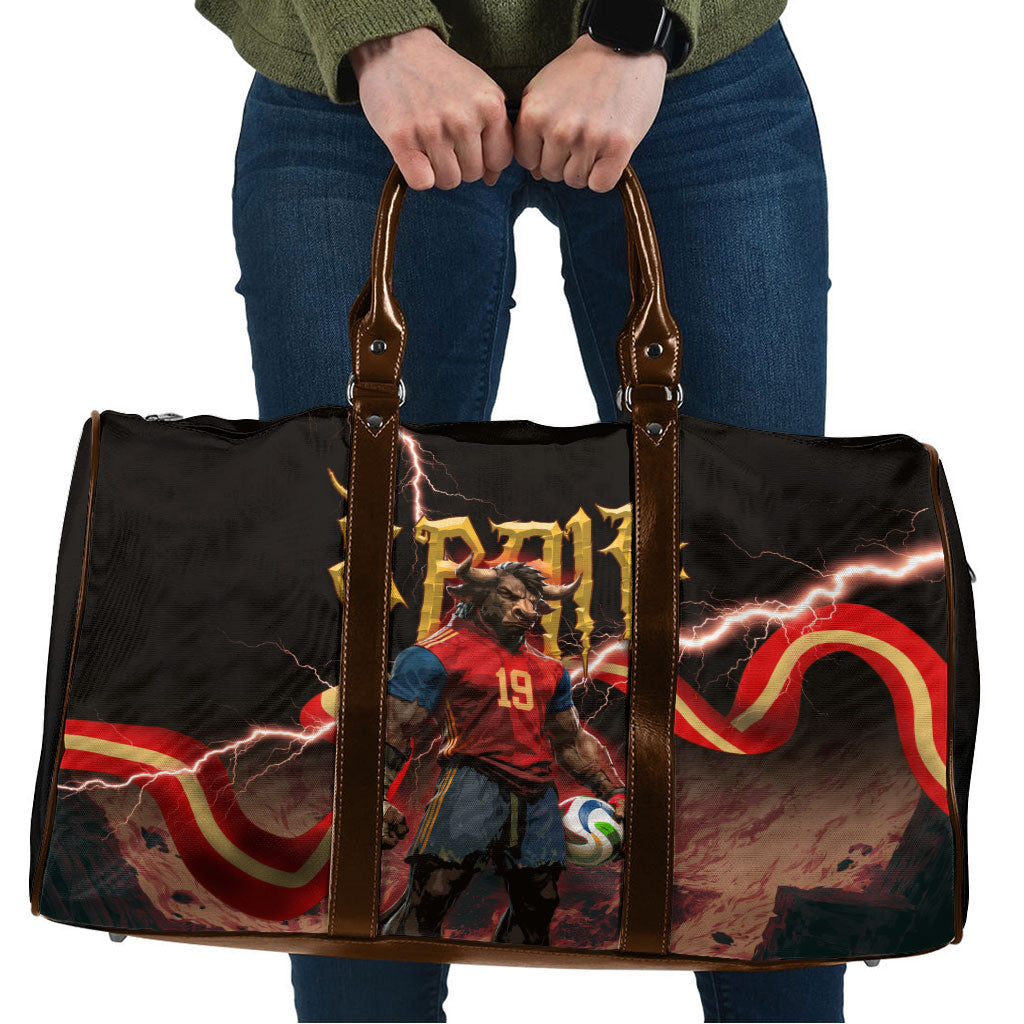 Spain Football Travel Bag Spanish Pride Bull Mascot Gothic Metal Lightning Storm
