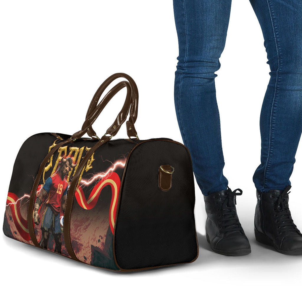 Spain Football Travel Bag Spanish Pride Bull Mascot Gothic Metal Lightning Storm
