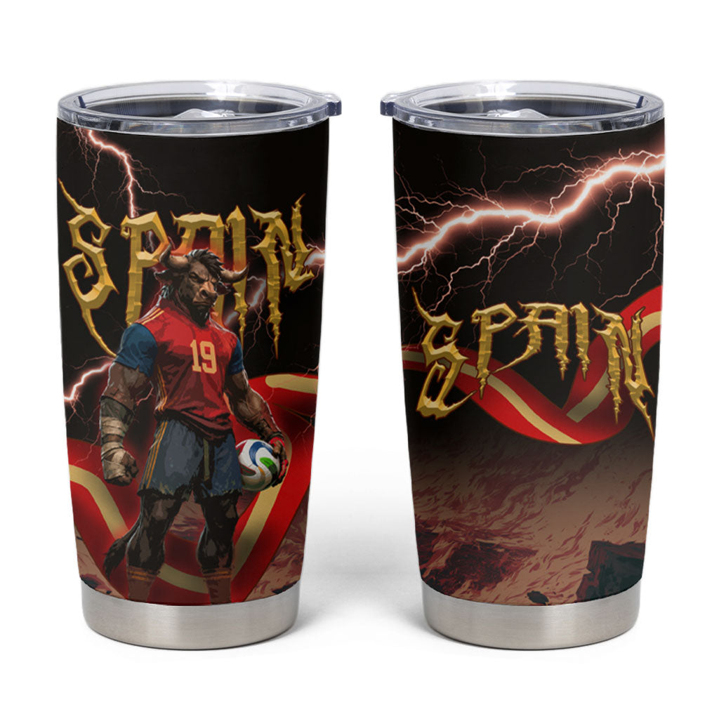 Spain Football Tumbler Cup Spanish Pride Bull Mascot Gothic Metal Lightning Storm
