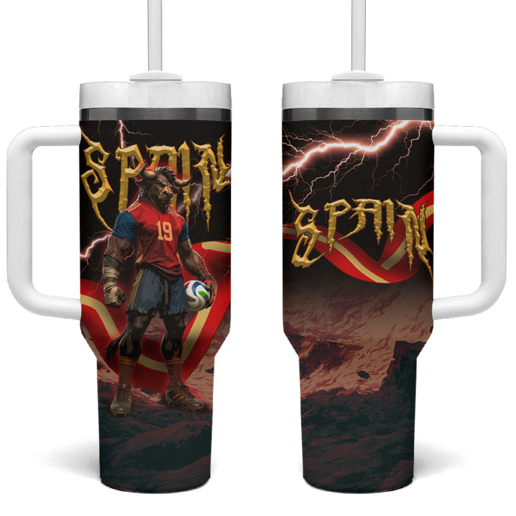 Spain Football Tumbler With Handle Spanish Pride Bull Mascot Gothic Metal Lightning Storm