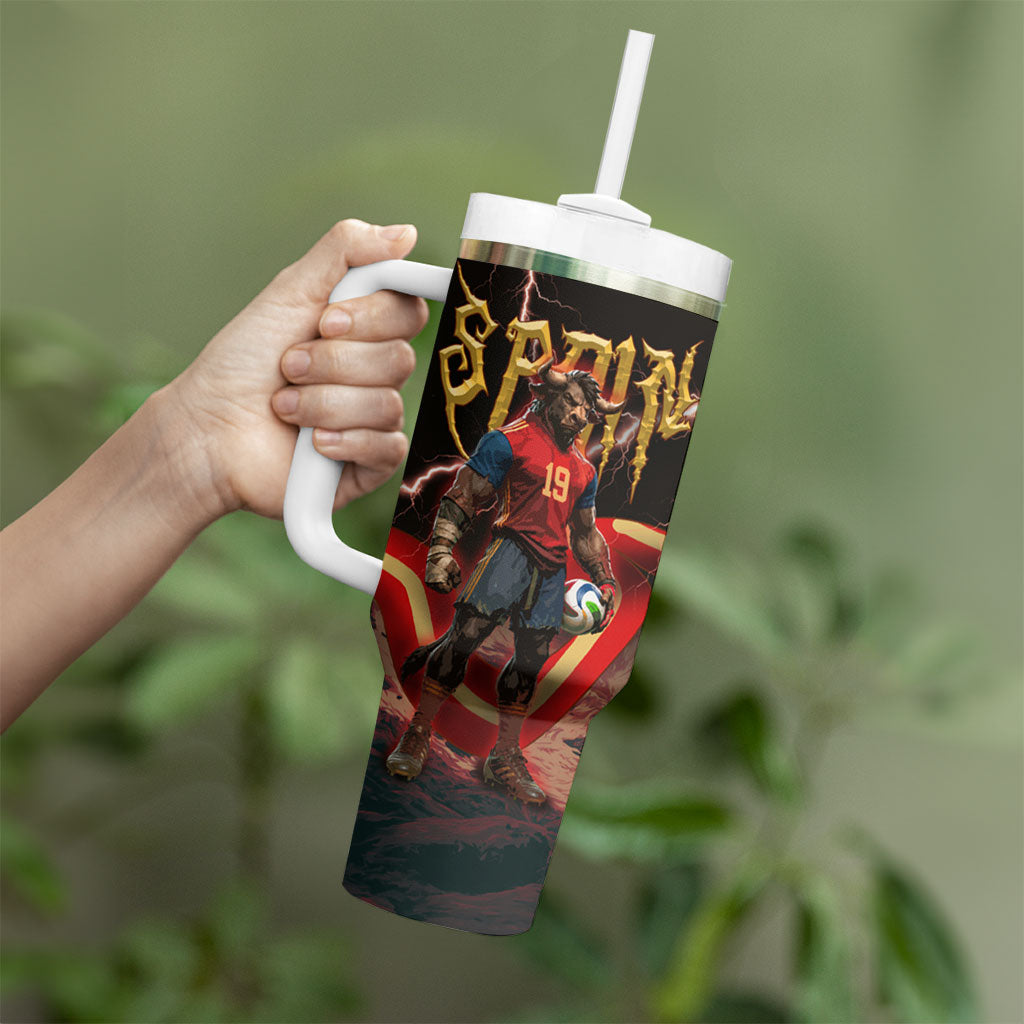 Spain Football Tumbler With Handle Spanish Pride Bull Mascot Gothic Metal Lightning Storm