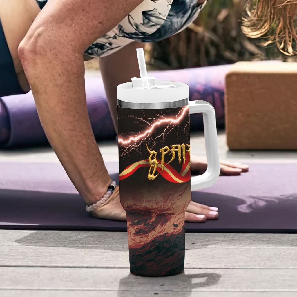 Spain Football Tumbler With Handle Spanish Pride Bull Mascot Gothic Metal Lightning Storm