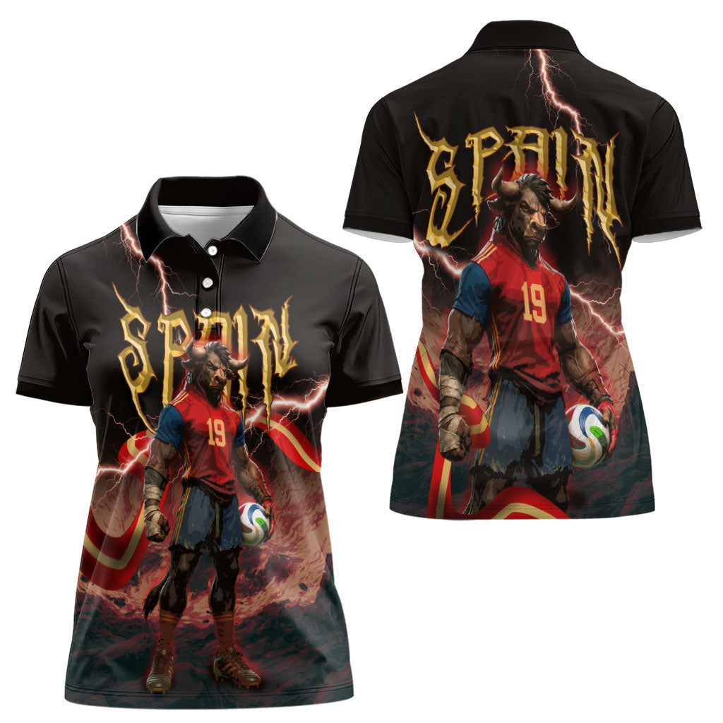 Spain Football Women Polo Shirt Spanish Pride Bull Mascot Gothic Metal Lightning Storm