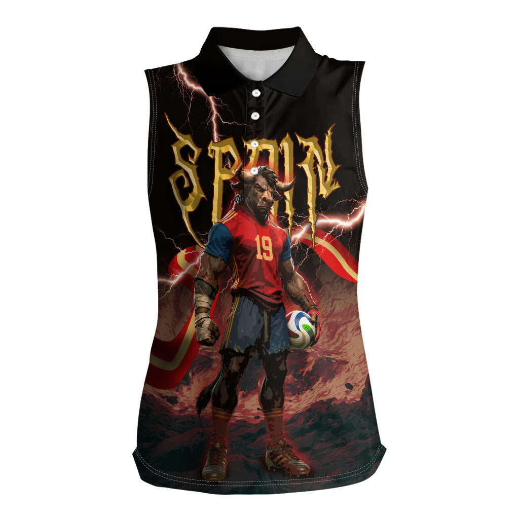 Spain Football Women Sleeveless Polo Shirt Spanish Pride Bull Mascot Gothic Metal Lightning Storm