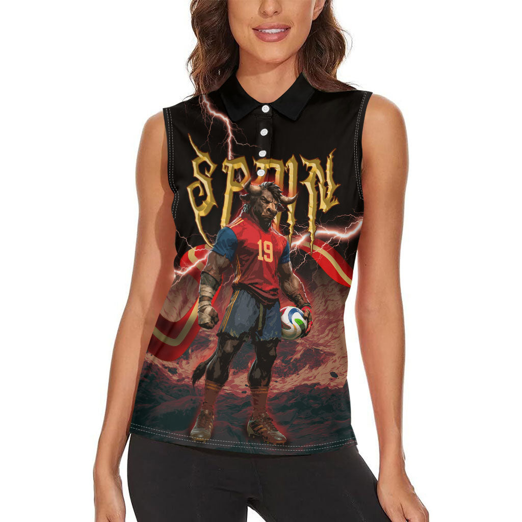Spain Football Women Sleeveless Polo Shirt Spanish Pride Bull Mascot Gothic Metal Lightning Storm