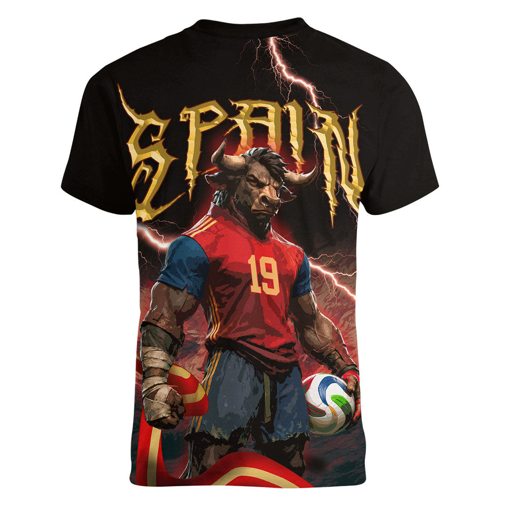 Spain Football Women V-Neck T-Shirt Spanish Pride Bull Mascot Gothic Metal Lightning Storm