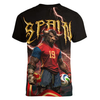 Spain Football Women V-Neck T-Shirt Spanish Pride Bull Mascot Gothic Metal Lightning Storm