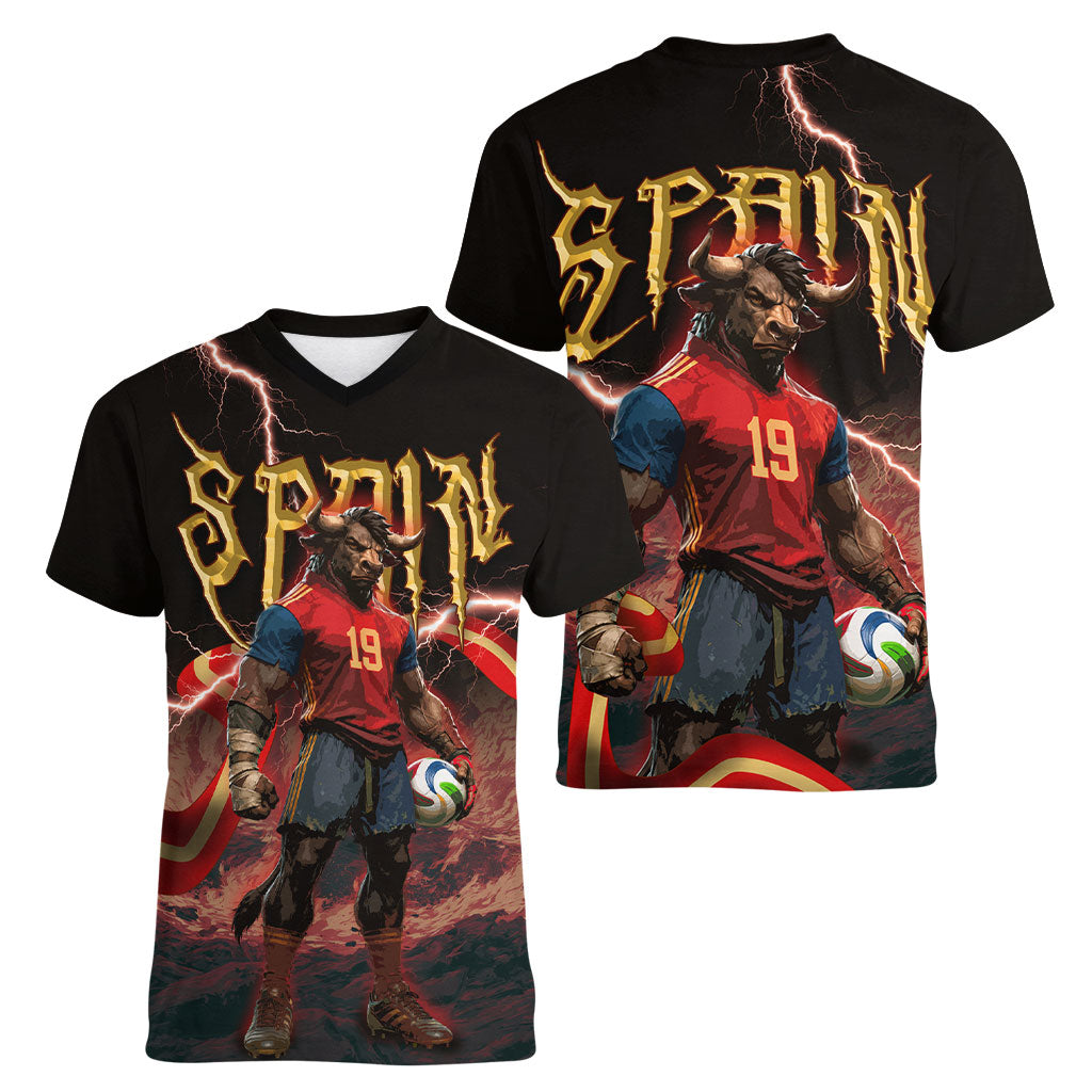 Spain Football Women V-Neck T-Shirt Spanish Pride Bull Mascot Gothic Metal Lightning Storm