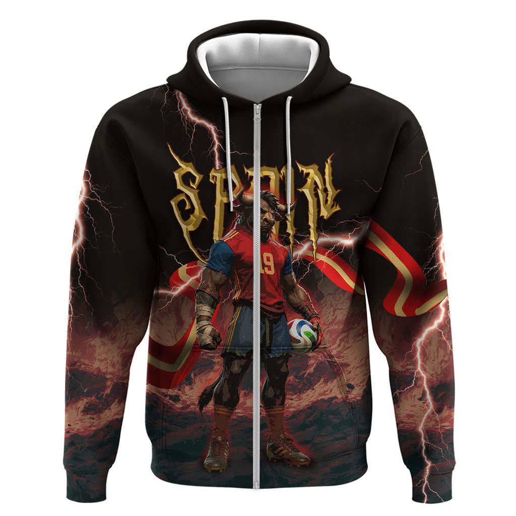 Spain Football Zip Hoodie Spanish Pride Bull Mascot Gothic Metal Lightning Storm