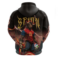 Spain Football Zip Hoodie Spanish Pride Bull Mascot Gothic Metal Lightning Storm