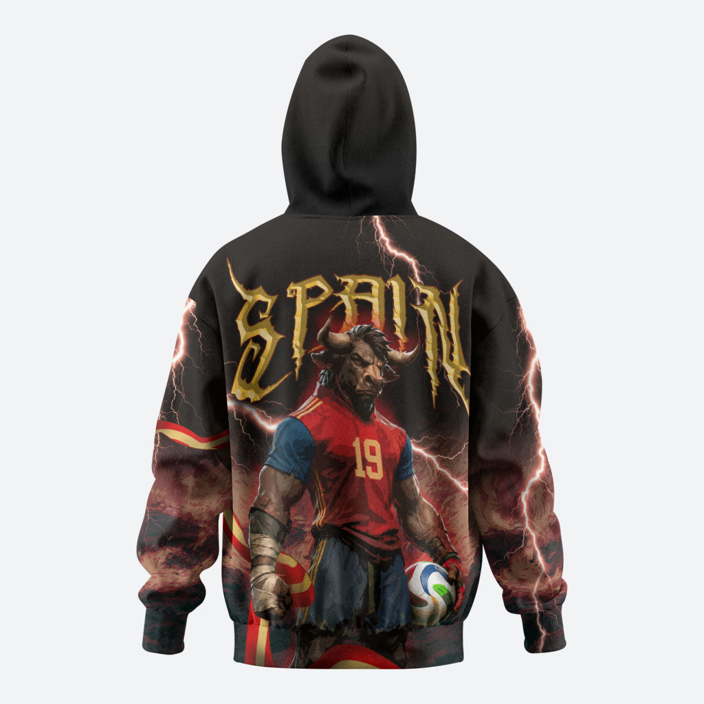 Spain Football Zip Hoodie Spanish Pride Bull Mascot Gothic Metal Lightning Storm