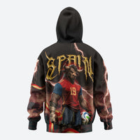 Spain Football Zip Hoodie Spanish Pride Bull Mascot Gothic Metal Lightning Storm