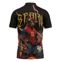 Spain Football Zipper Polo Shirt Spanish Pride Bull Mascot Gothic Metal Lightning Storm