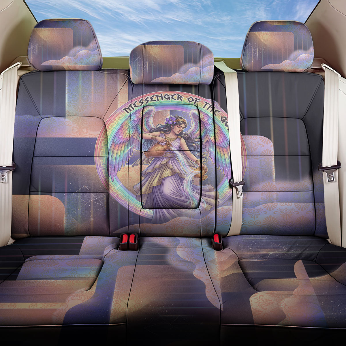 Iris Goddess Back Car Seat Cover Rainbow Winged Iris - Pitcher Lyre And Greek Key