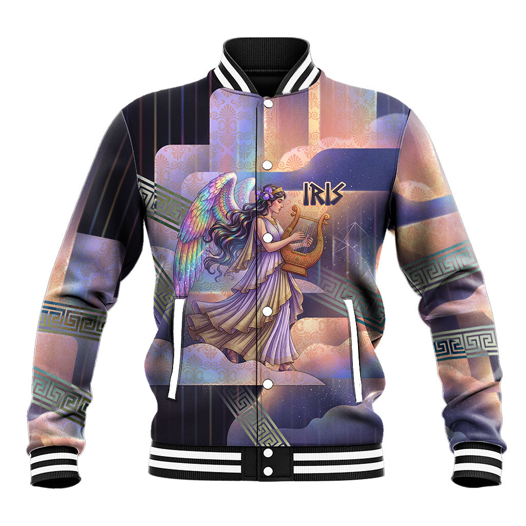 Iris Goddess Baseball Jacket Rainbow Winged Iris - Pitcher Lyre And Greek Key