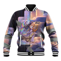 Iris Goddess Baseball Jacket Rainbow Winged Iris - Pitcher Lyre And Greek Key