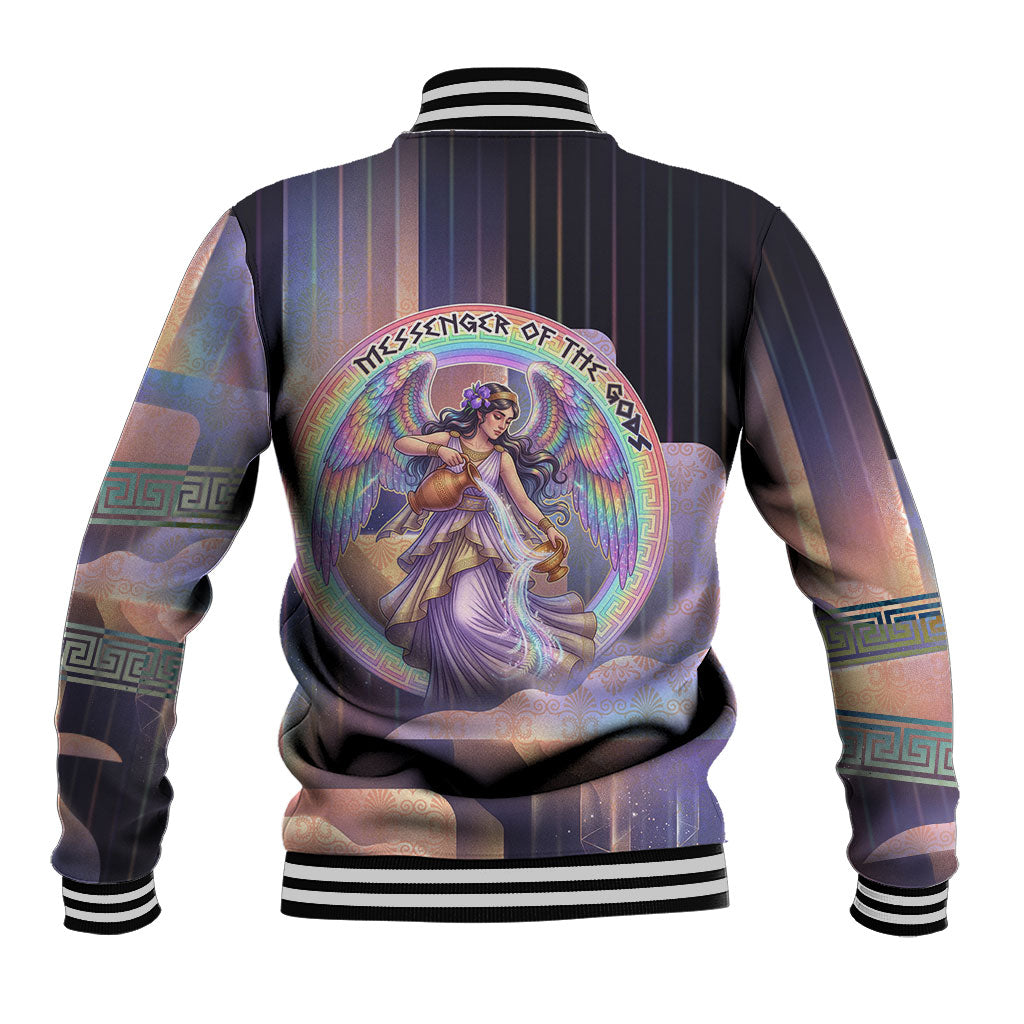 Iris Goddess Baseball Jacket Rainbow Winged Iris - Pitcher Lyre And Greek Key