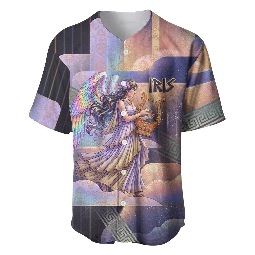 Iris Goddess Baseball Jersey Rainbow Winged Iris - Pitcher Lyre And Greek Key