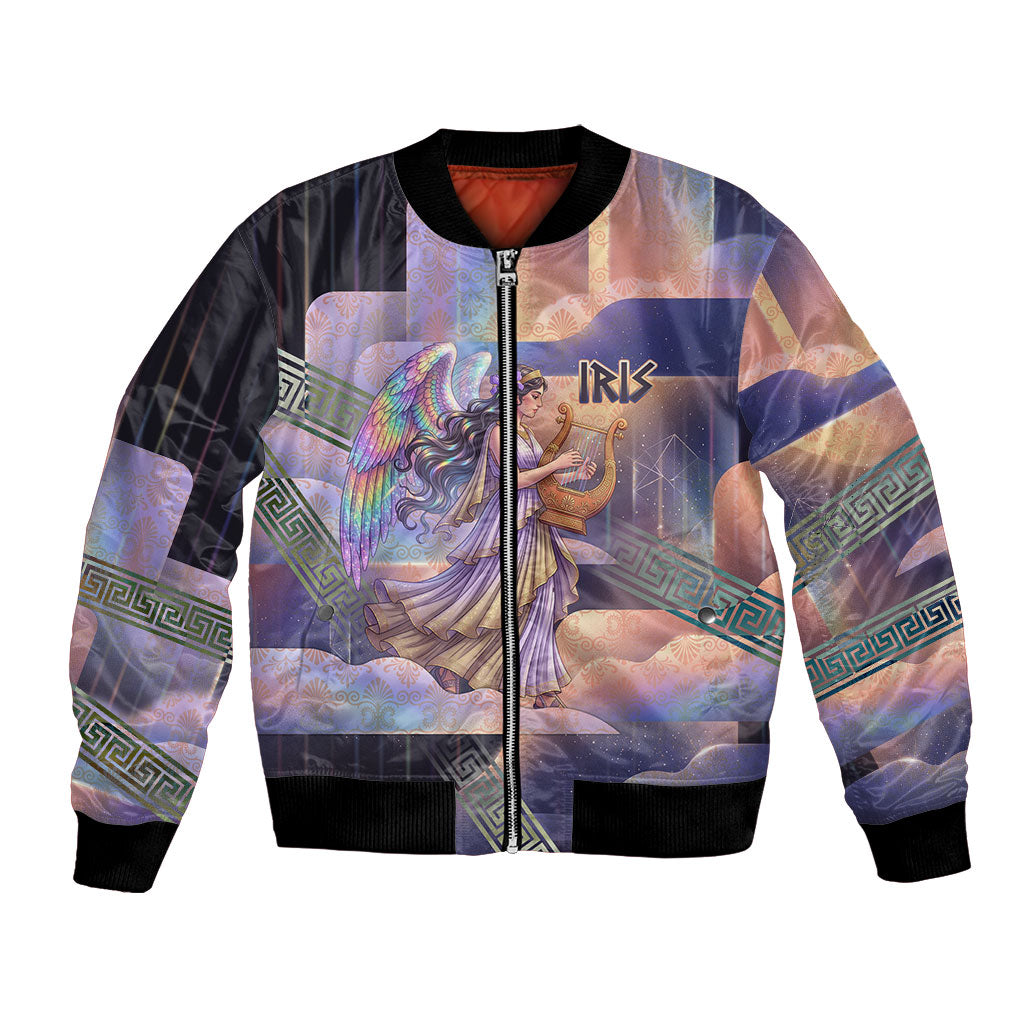 Iris Goddess Bomber Jacket Rainbow Winged Iris - Pitcher Lyre And Greek Key
